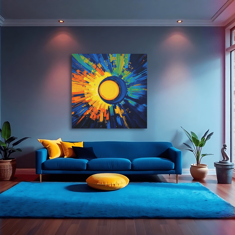 Canvas art featuring a colorful abstract sunburst design, displayed above a blue sofa in a modern living room with a blue accent wall.