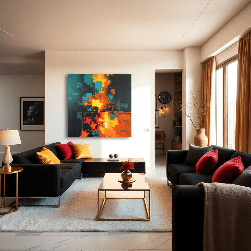 Canvas art featuring a colorful abstract design with orange and teal hues, displayed above two black sofas in a modern living room.