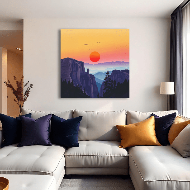 Mountain sunset painting above sectional sofa in modern interior